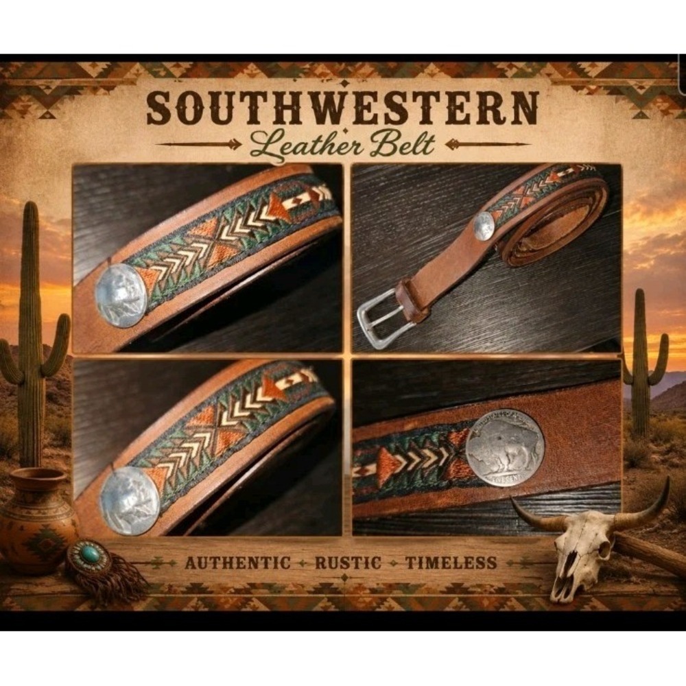 Brighton Buffalo Nickel Leather Belt Southwest Design Western Unisex Sz 40 Brown